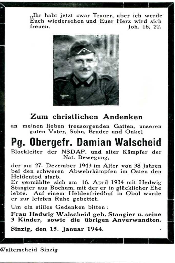 Todesanzeige für den Gefallenen Damian Walscheid, Foto Dr. Kuhn